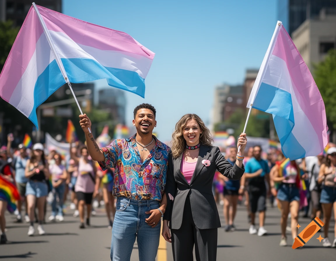 Two smiling people, one in a colorful shirt and jeans, the other in a suit, hold transgender pride flags at a sunny outdoor parade.