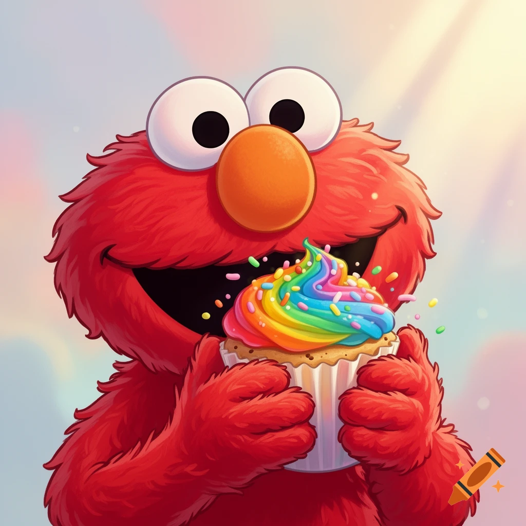 A cheerful Elmo smiles broadly while holding a rainbow-frosted cupcake with colorful sprinkles.