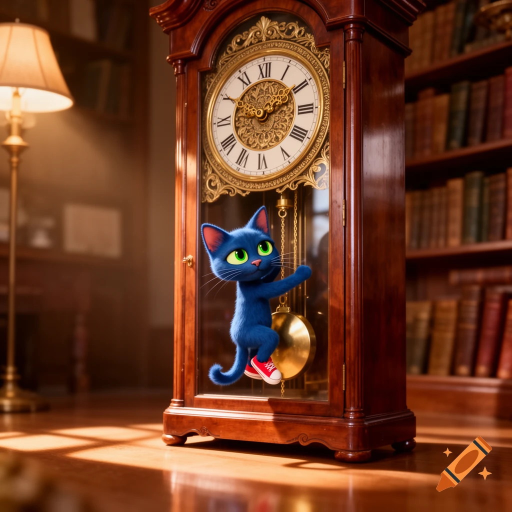 A cute blue cartoon cat with green eyes, wearing red sneakers, climbs a wooden grandfather clock in a library.
