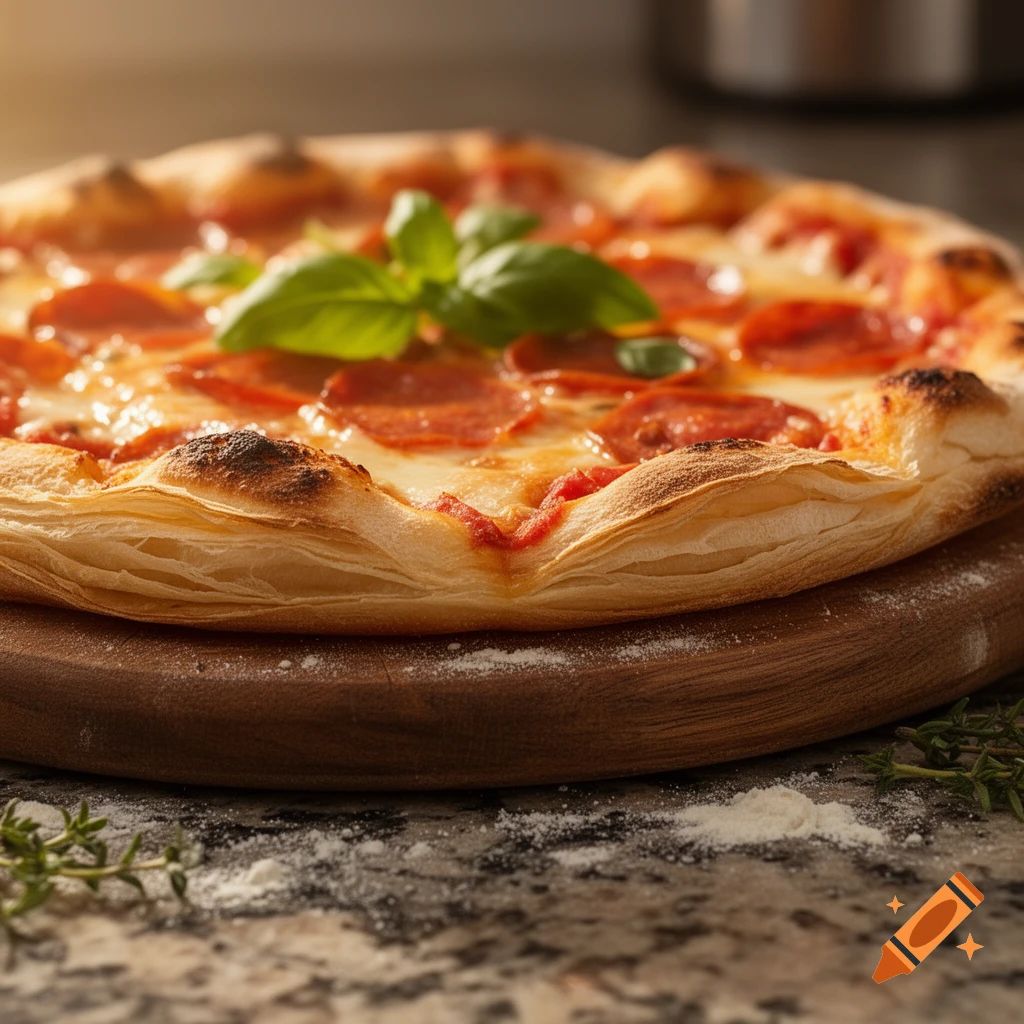 A delicious, photorealistic pepperoni pizza with fresh basil, a flaky crust, and melted cheese on a rustic wooden board.