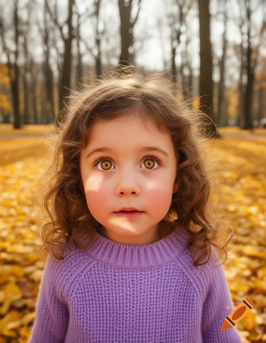 A young girl with curly brown hair and large amber eyes wearing a purple sweater stands in an autumn park with golden leaves.