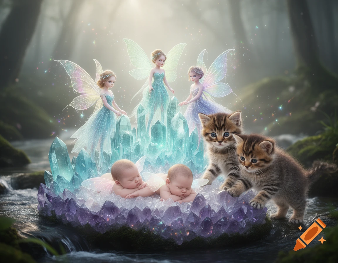 Three fairies on sparkling teal crystals oversee two babies sleeping on purple crystals, with two kittens nearby in a magical forest stream.