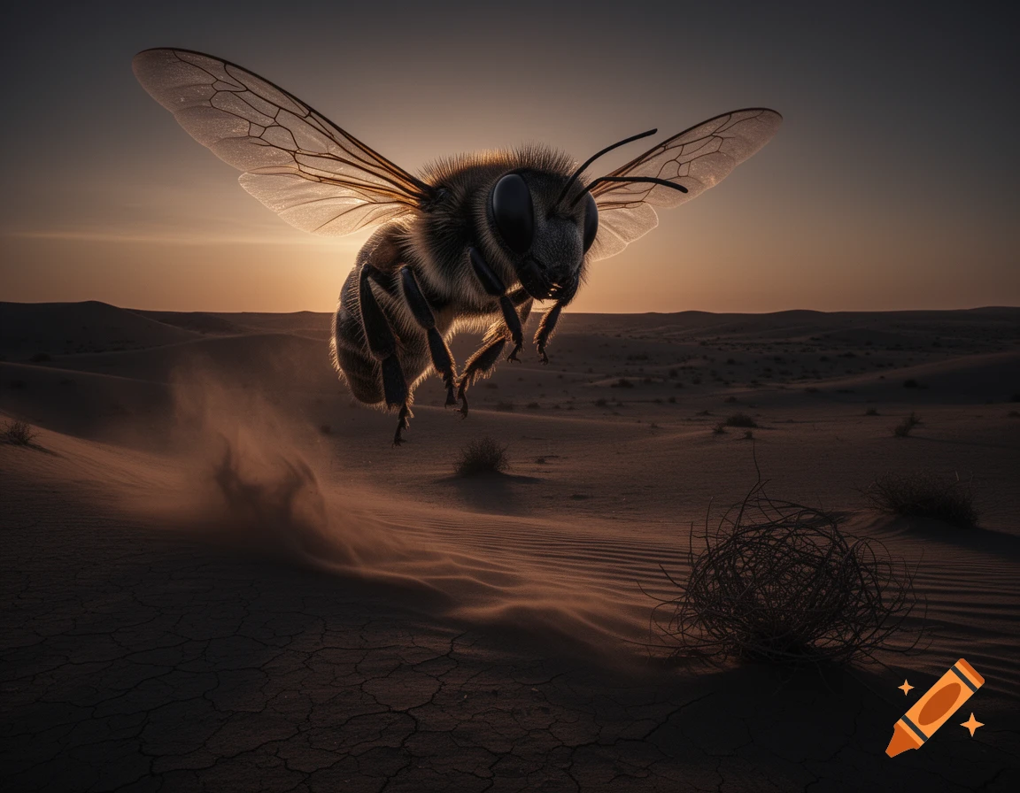 A large, fuzzy bee flies low over a sandy desert at sunset, kicking up dust with faint dunes in the background.