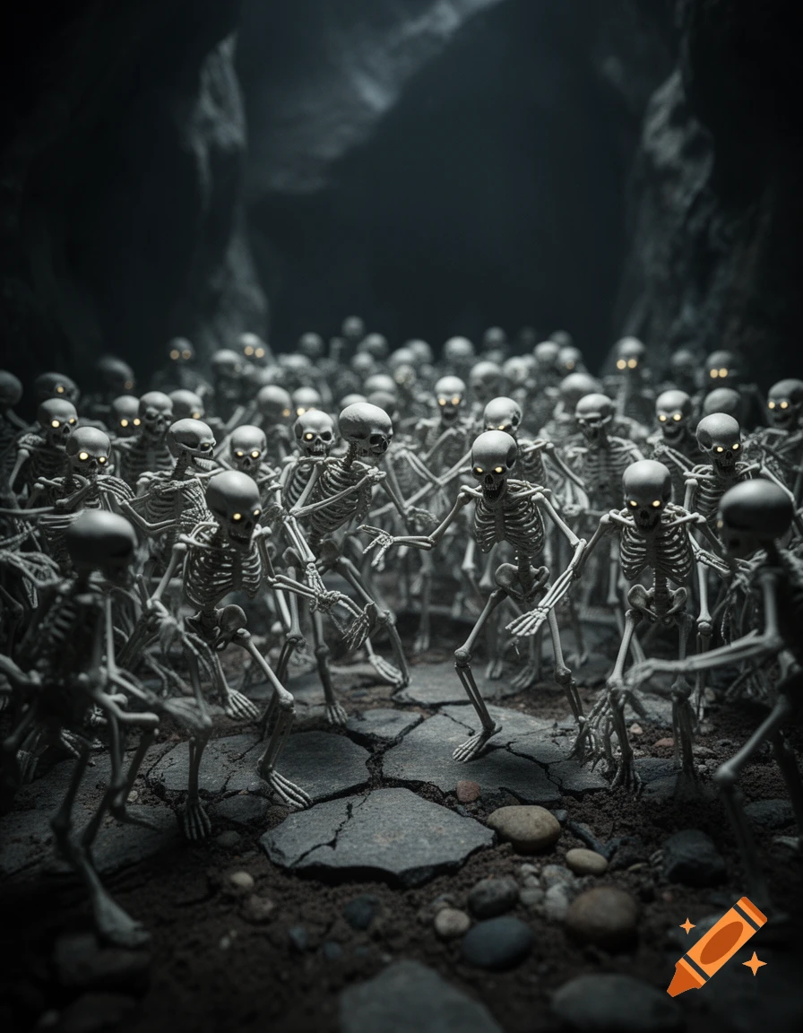 A swarm of glowing-eyed skeletons emerges from a dark cave.