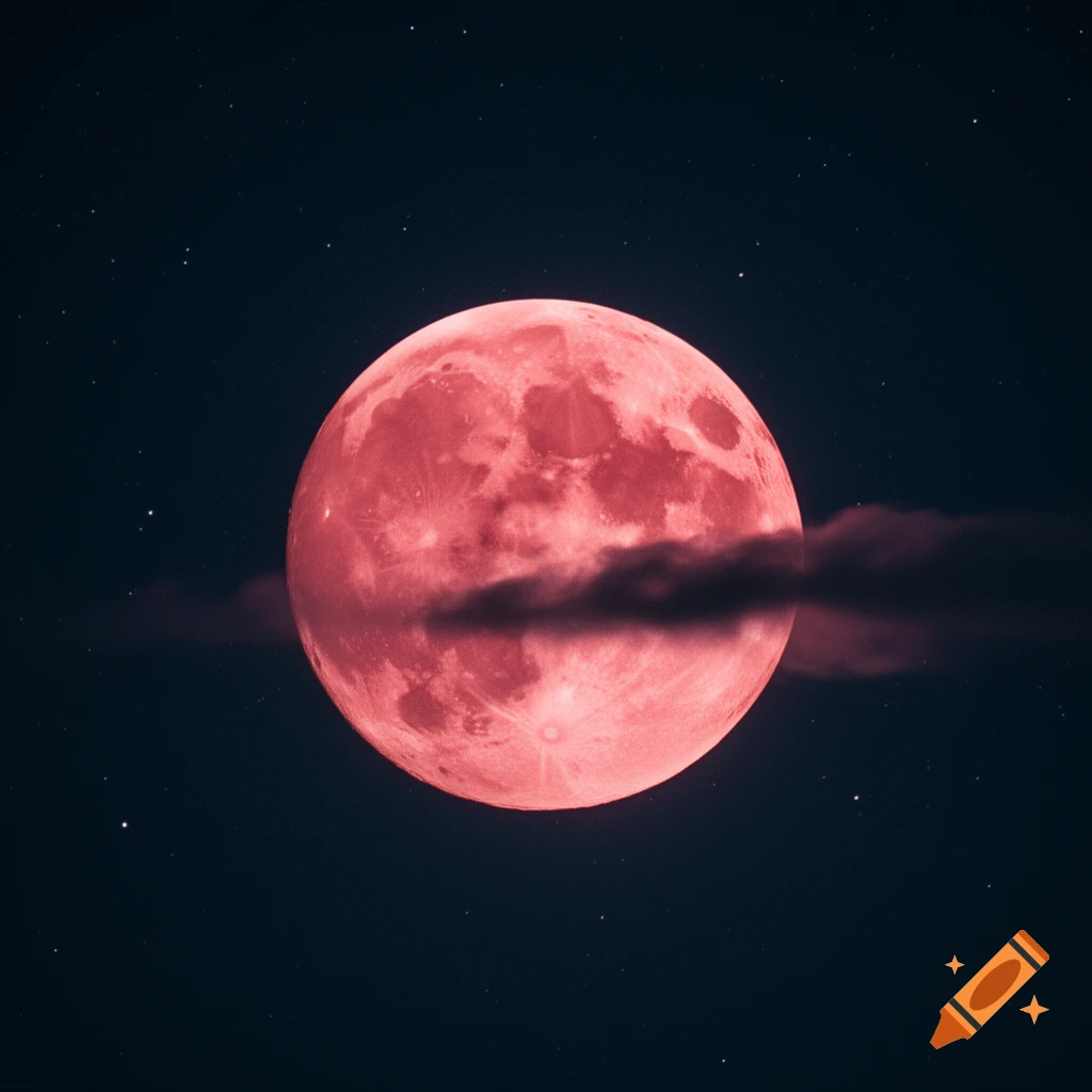 A large, reddish-pink full moon with craters against a dark, star-filled sky, partially obscured by a dark cloud.