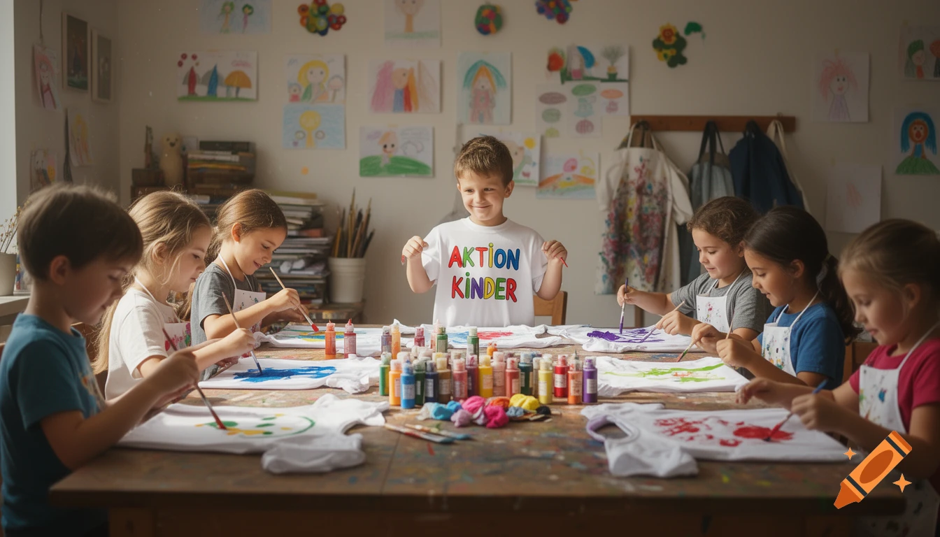 Children sit around a wooden table in an art room, painting colorful designs onto white t-shirts. Drawings hang on the wall behind them.