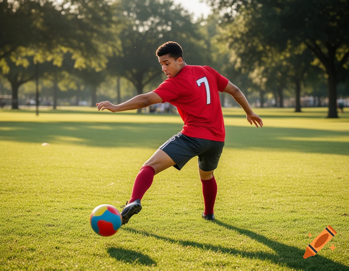 A young male kickball player in a red jersey with number 7 and dark shorts kicks a colorful ball on a sunny green field in a park.