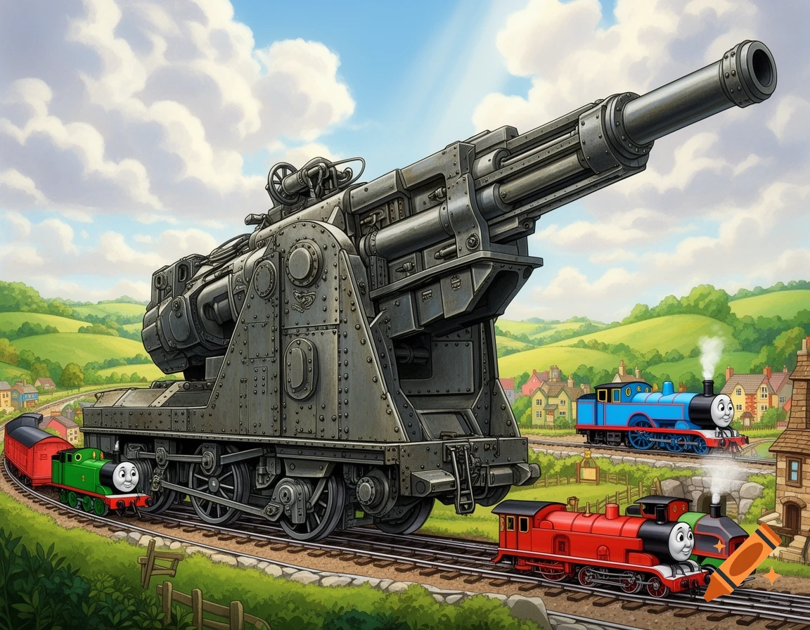 A giant grey railway gun towers over cartoon trains Thomas, Percy, and James on tracks in a sunny, green countryside with houses.