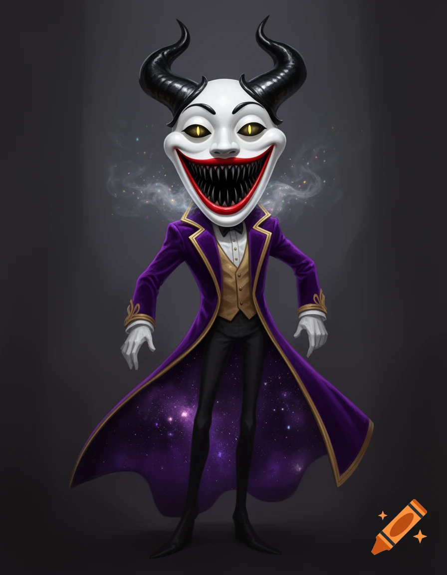 A tall, lanky demon-like character in a purple tailcoat with a white mask-like face, wide grin of sharp teeth, glowing yellow eyes, and black horns. The coat lining is a starry night sky.