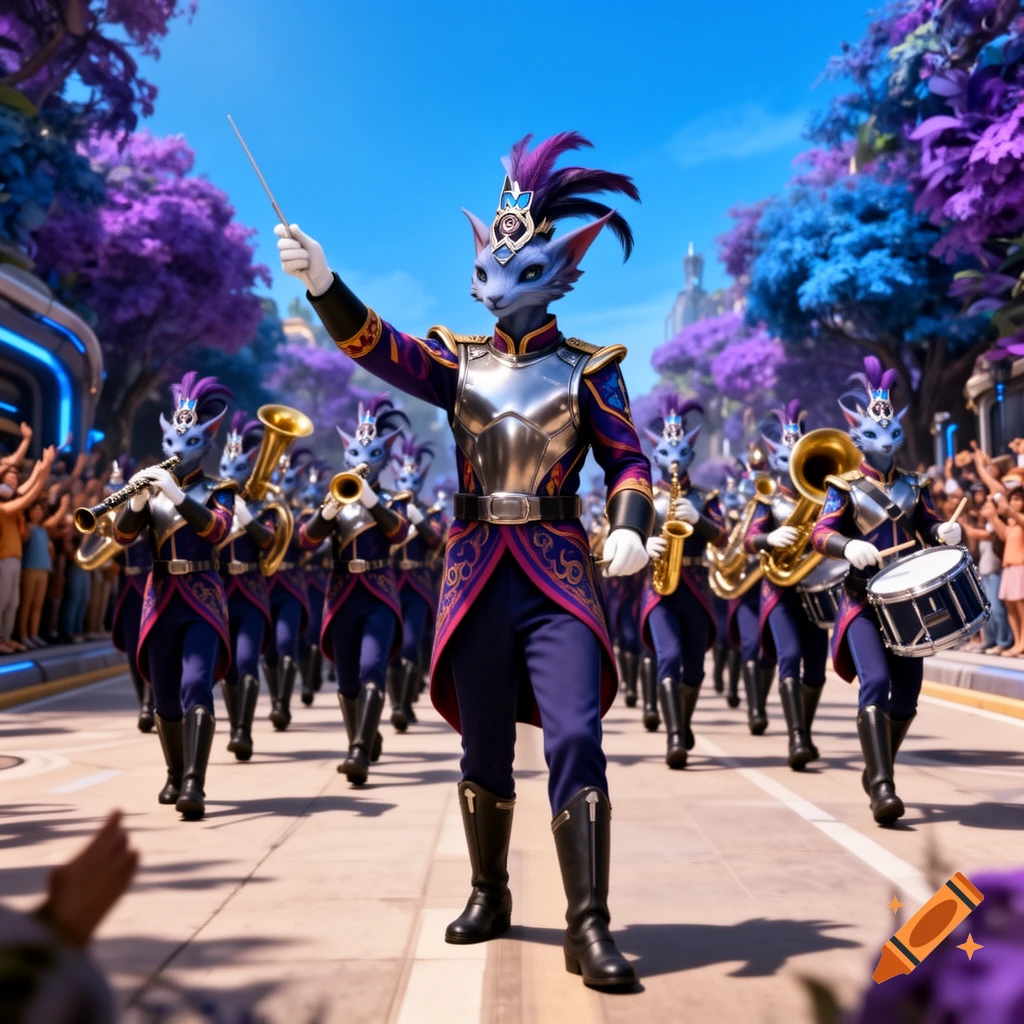 An Avali drum major in a futuristic purple and gold uniform conducts a marching band down a street lined with spectators and purple trees.