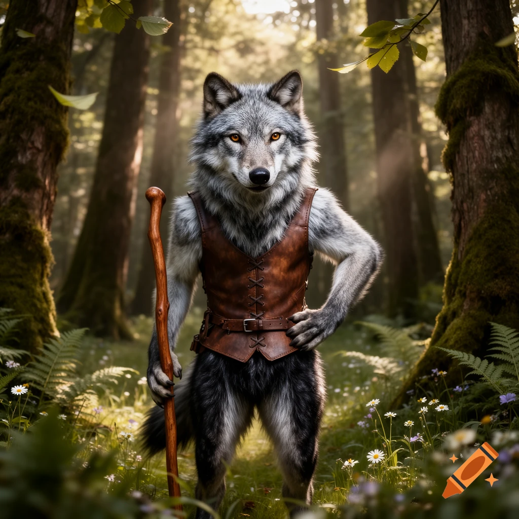 Photorealistic image of an anthropomorphic wolf with orange eyes, wearing a leather vest, holding a staff, standing in a lush forest.