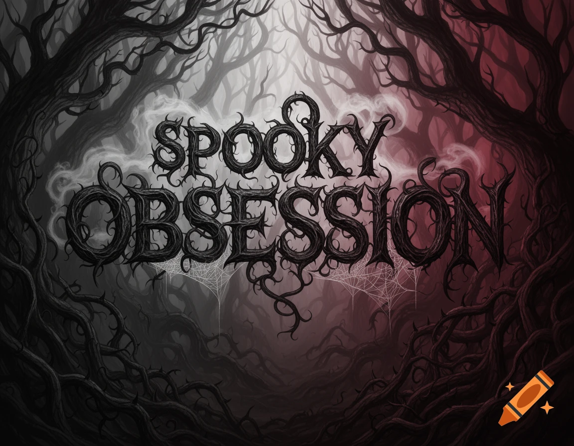 The phrase "Spooky Obsession" spelled out in gnarled, thorny roots and vines, with cobwebs and eerie fog, in a dark fantasy style.