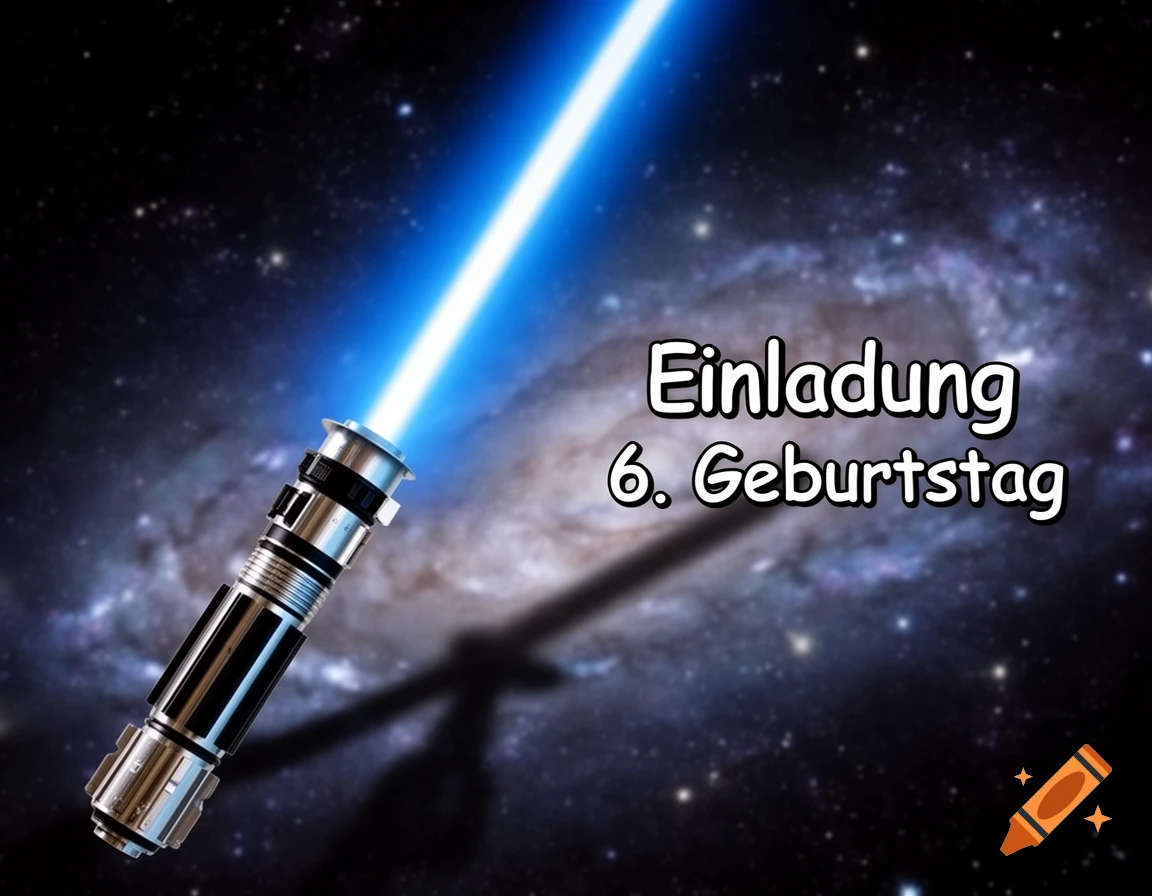 A blue lightsaber shines against a starry galaxy background with the German text "Einladung 6. Geburtstag" (Invitation 6. Birthday).
