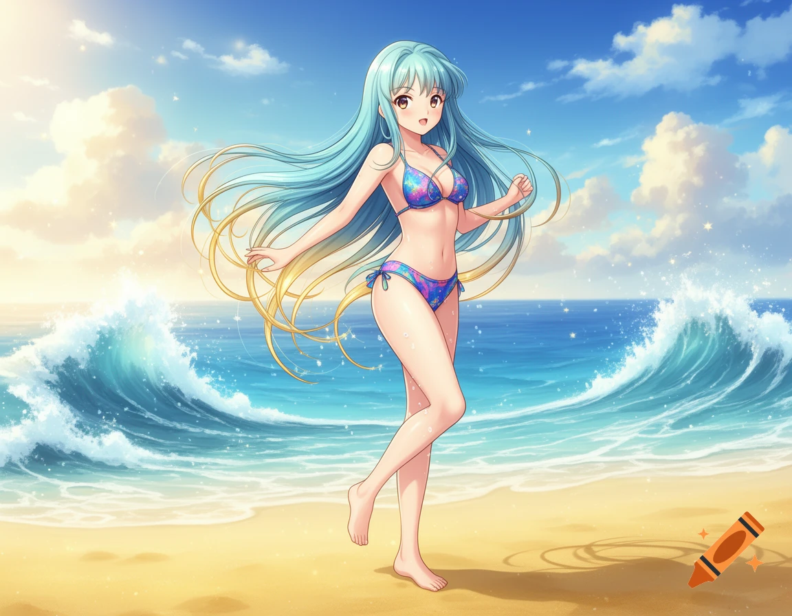 Anime woman in a colorful bikini stands barefoot on a sandy beach with waves crashing behind her under a blue sky.
