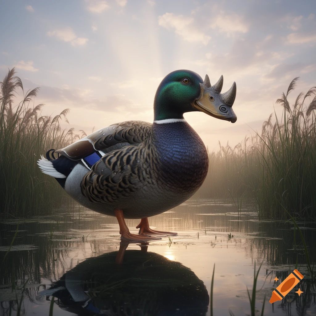 A photorealistic mallard duck with a rhino head stands in shallow water in a grassy marsh at sunrise.