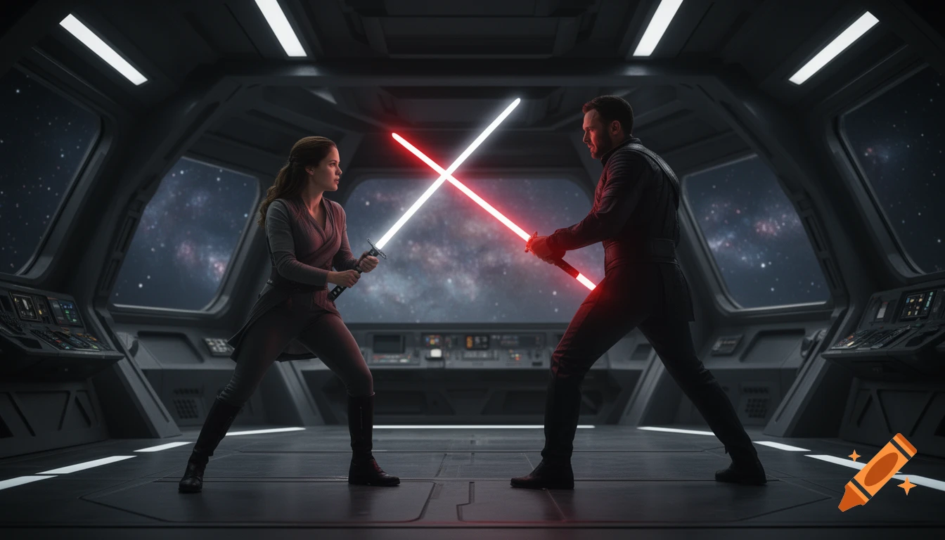 A man and a woman in a spaceship cockpit duel with glowing red and white lightsabers, with space visible through the windows.