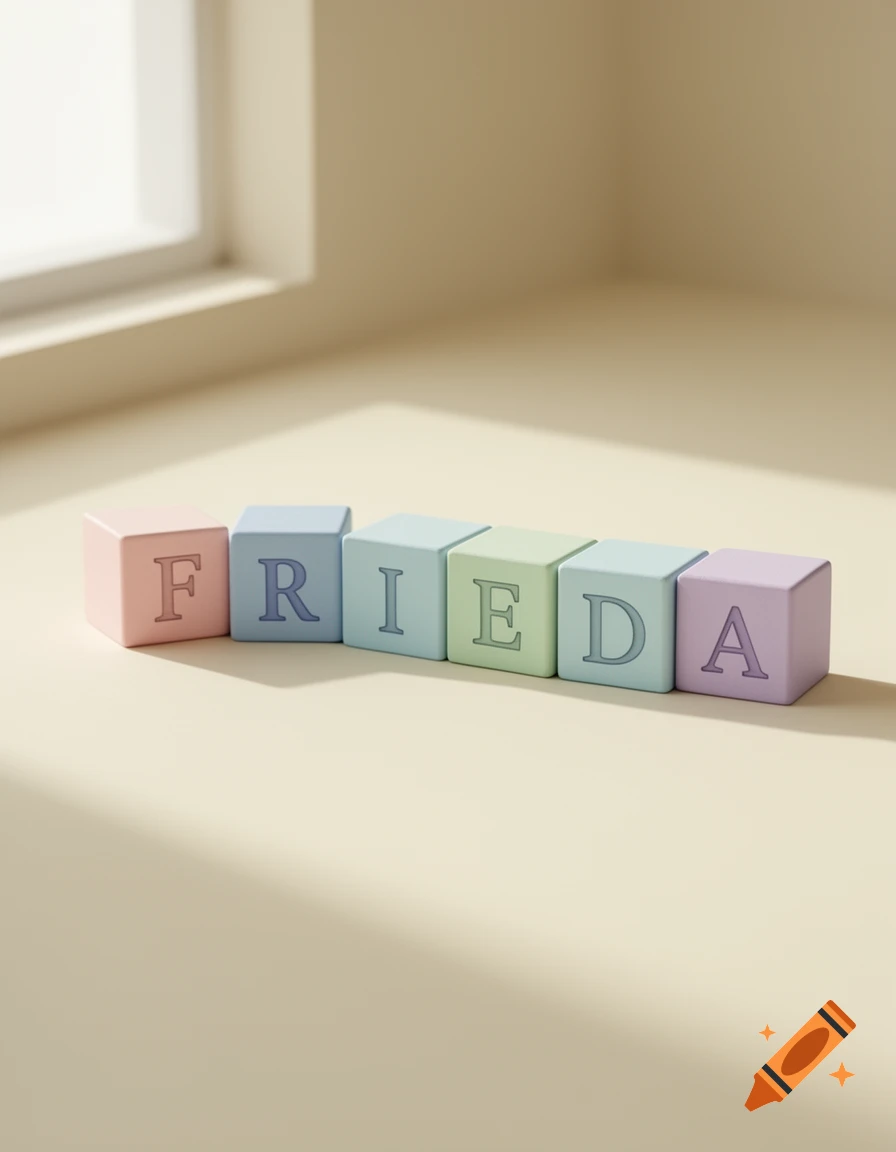 Pastel-colored alphabet blocks spelling FRIEDA on a light surface, lit by a window, in a photorealistic style.
