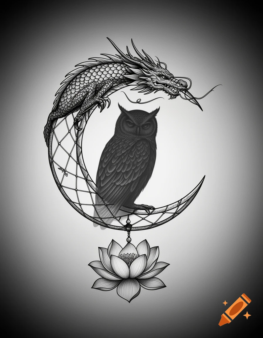 A black and white tattoo-style drawing of a dragon on a crescent moon with an owl inside and a lotus flower below.