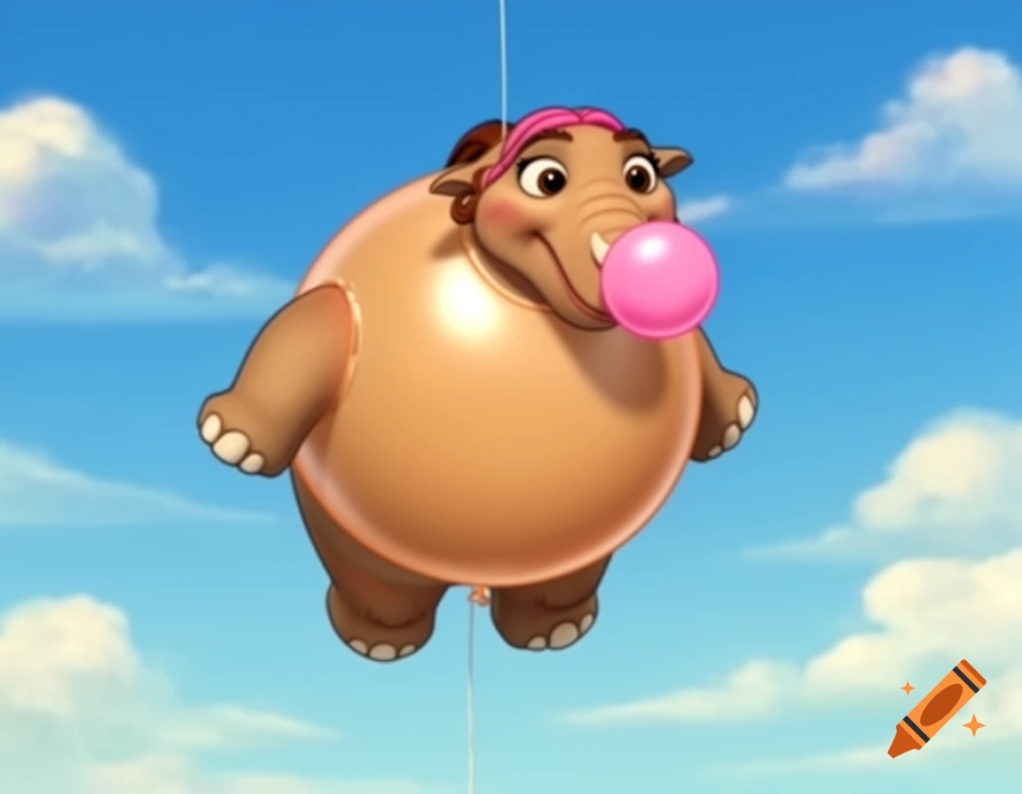 Cartoon Ellie the mammoth, inflated like a round balloon, floats in a blue sky while blowing a pink bubblegum bubble.