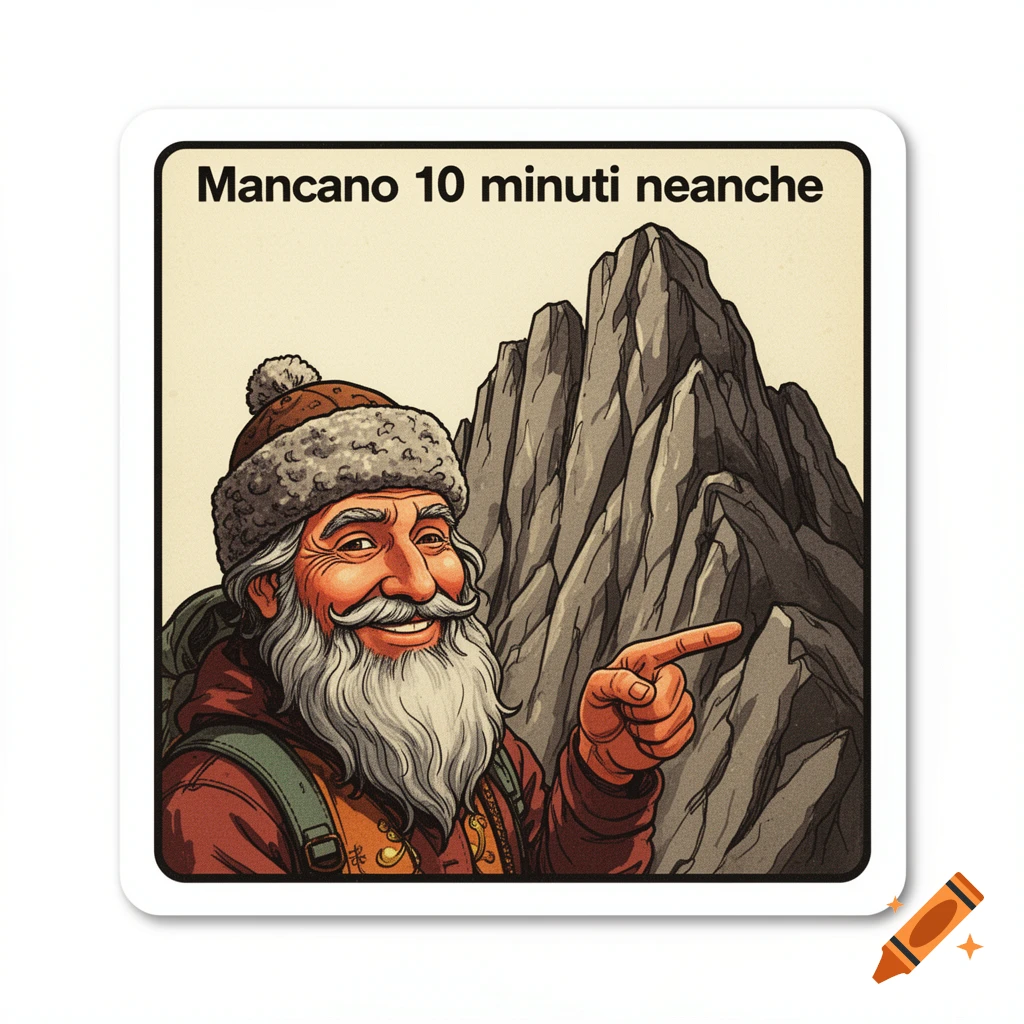 Vintage sticker illustration of a smiling, bearded mountaineer pointing to a steep mountain, with text 'Mancano 10 minuti neanche'.