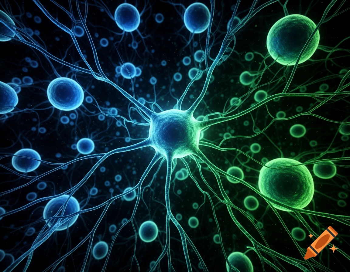 Glowing blue and green neuron-like structures and spherical cells against a dark background.