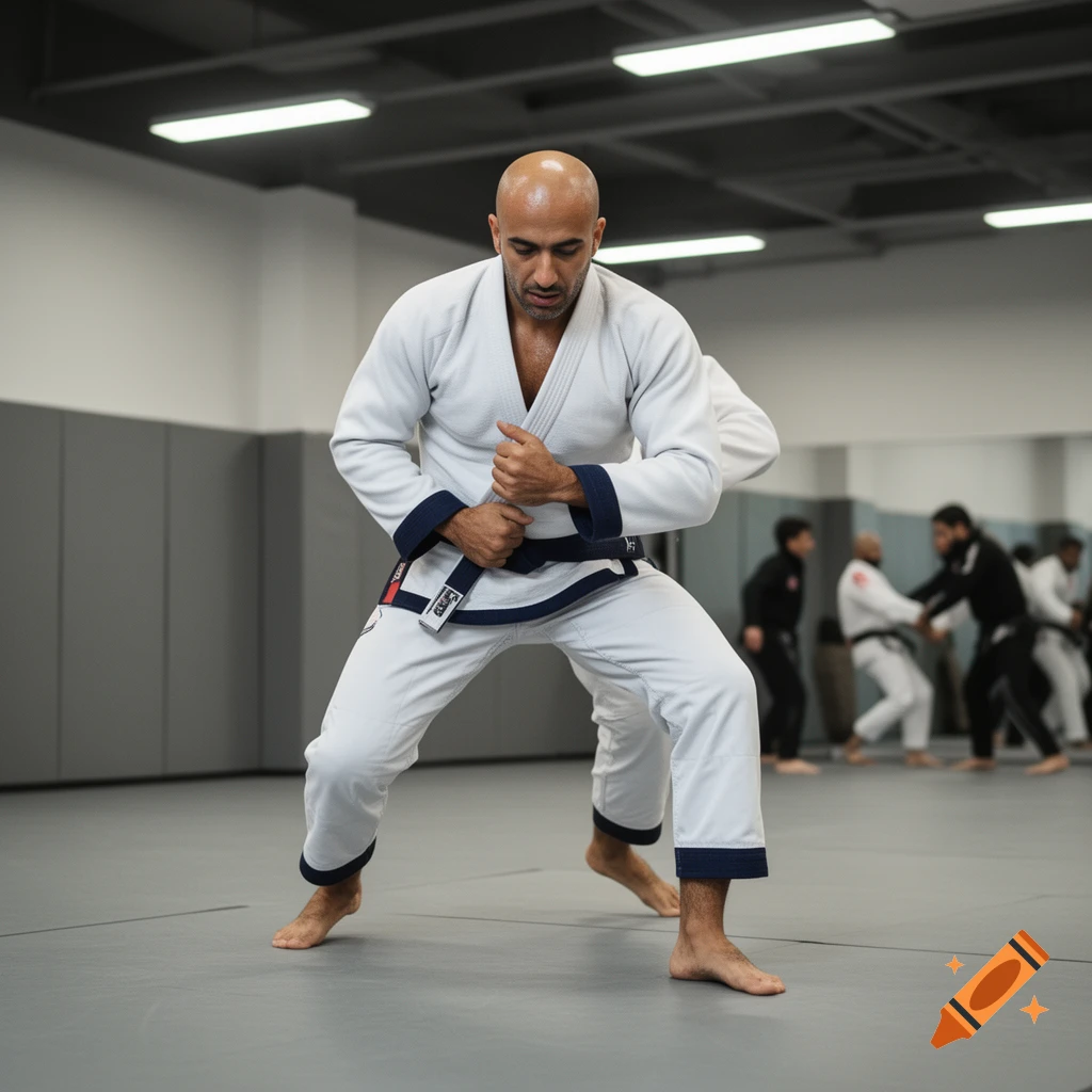A bald Iranian man in a white jiujitsu gi with a dark blue belt poses in a martial arts studio, with blurred figures training in the background.
