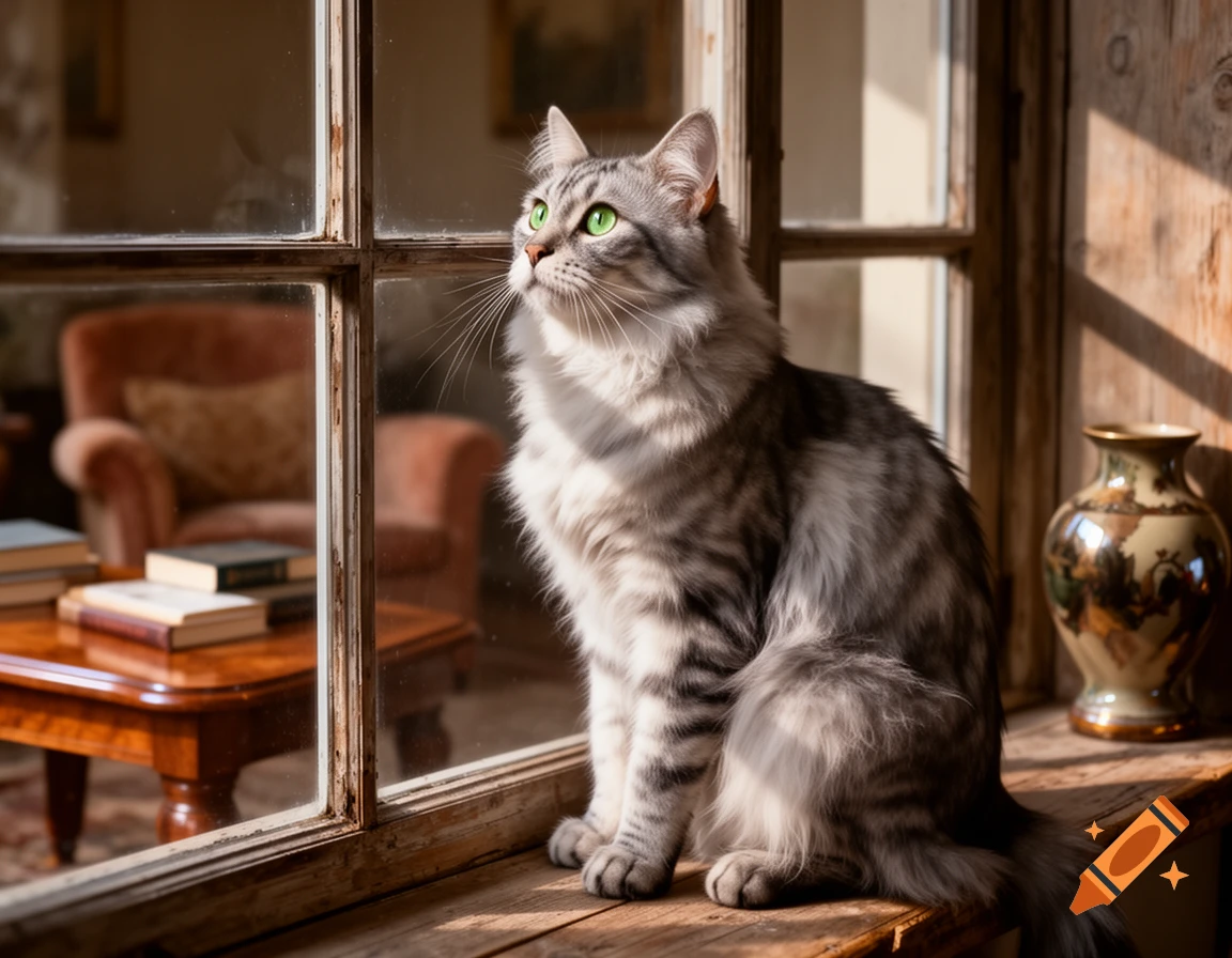 A fluffy gray tabby cat with bright green eyes sits on a wooden windowsill, looking out. Sunlight streams into the room.