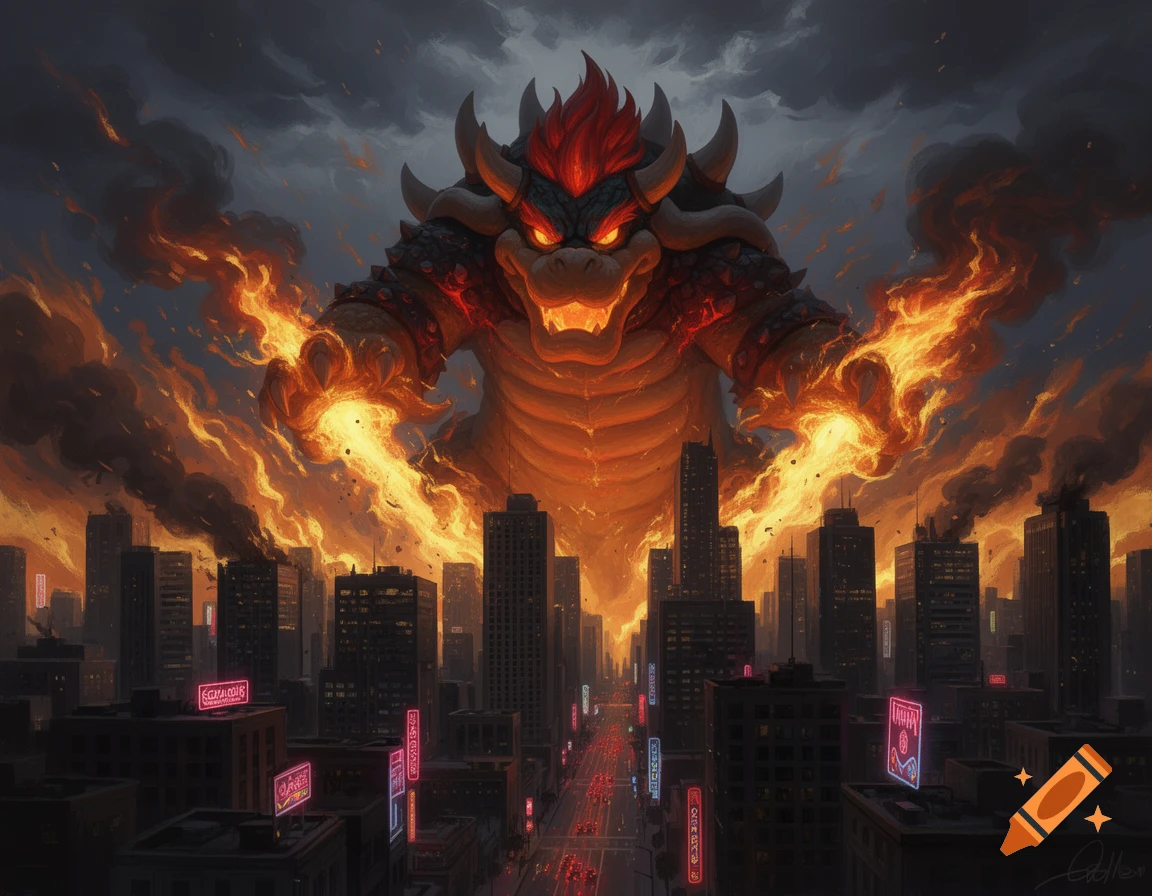 A giant, fiery Bowser attacks a city engulfed in flames and smoke under a dark, dramatic sky.