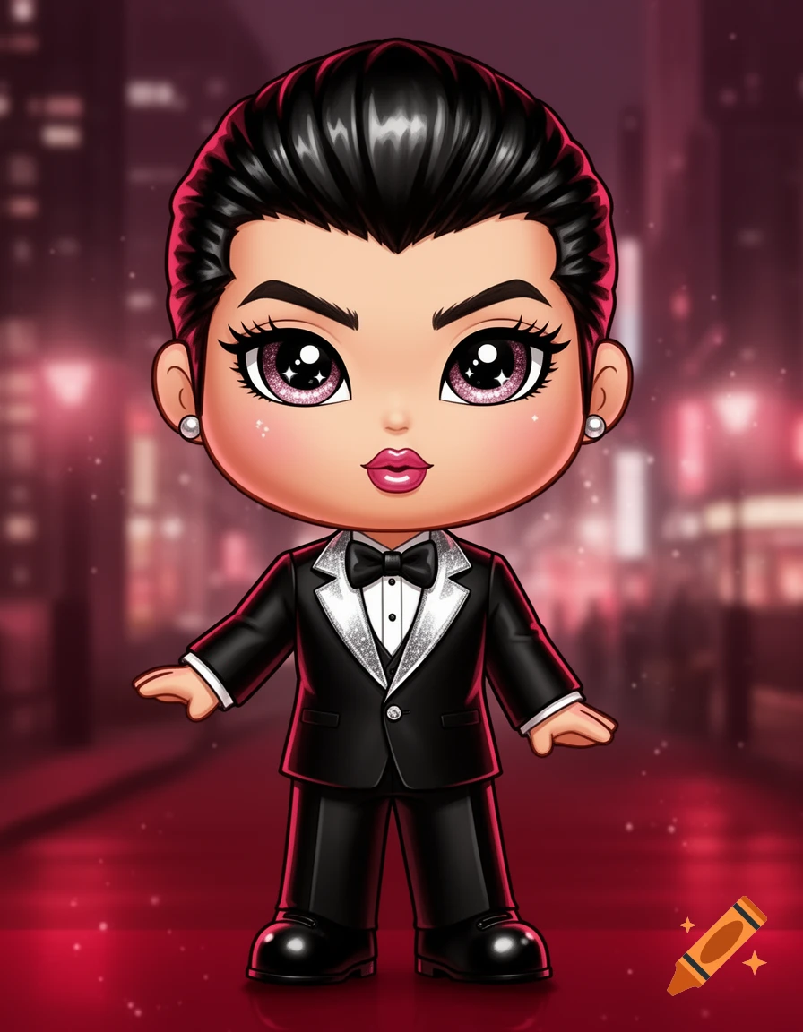 A stylized chibi-style cartoon character with dark hair and large sparkly eyes, wearing a black tuxedo, against a blurred red city background.