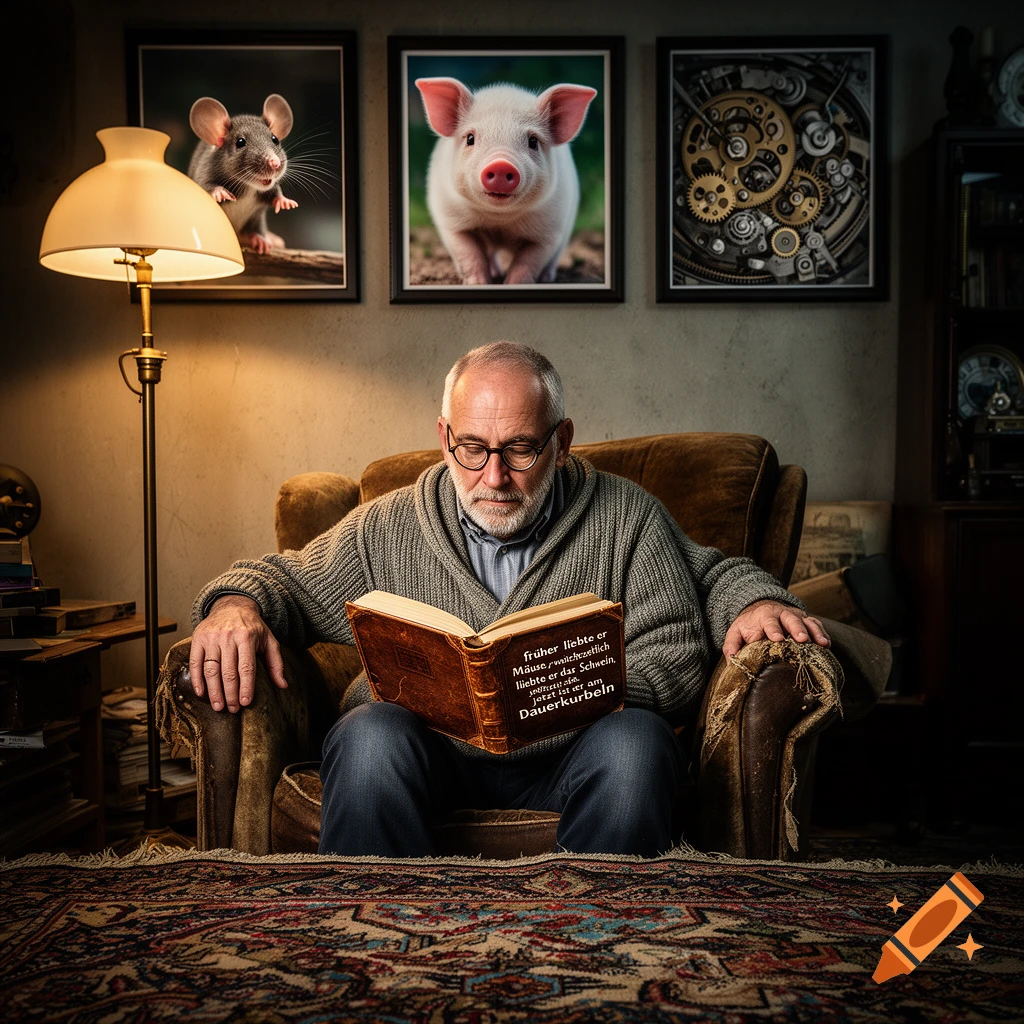 An older man with glasses sits in a worn armchair, reading an open book under a warm lamp. On the wall behind him are framed pictures of a mouse, a pig, and clockwork gears. The scene is lit warmly, with a patterned rug on the floor.