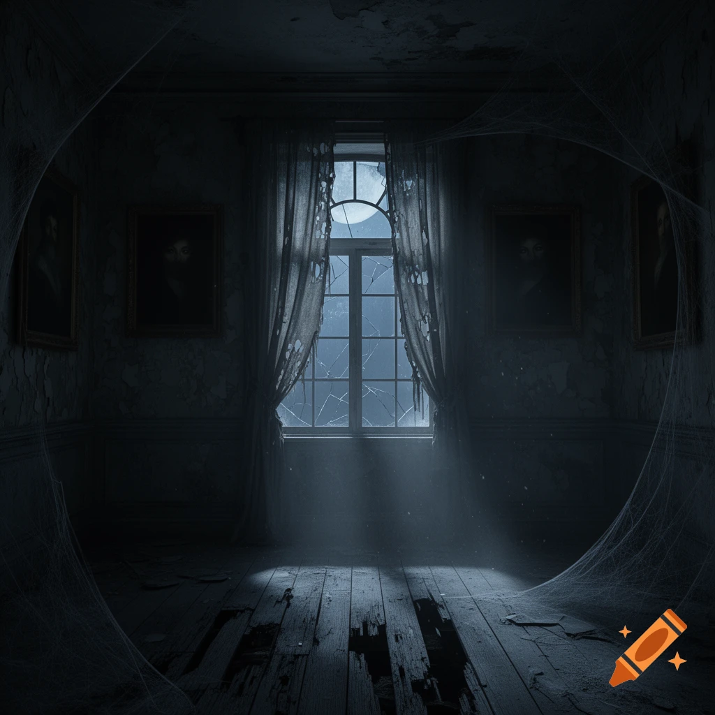 Eerie abandoned room with broken window, tattered curtains, and cobwebs, illuminated by moonlight.