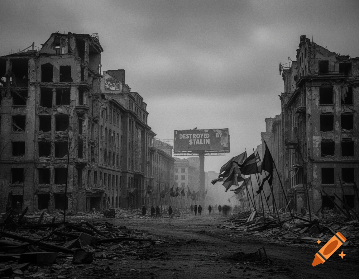 A desolate black and white image of a war-torn city street lined with destroyed buildings and debris, with a billboard in the distance reading "DESTROYED BY STALIN".