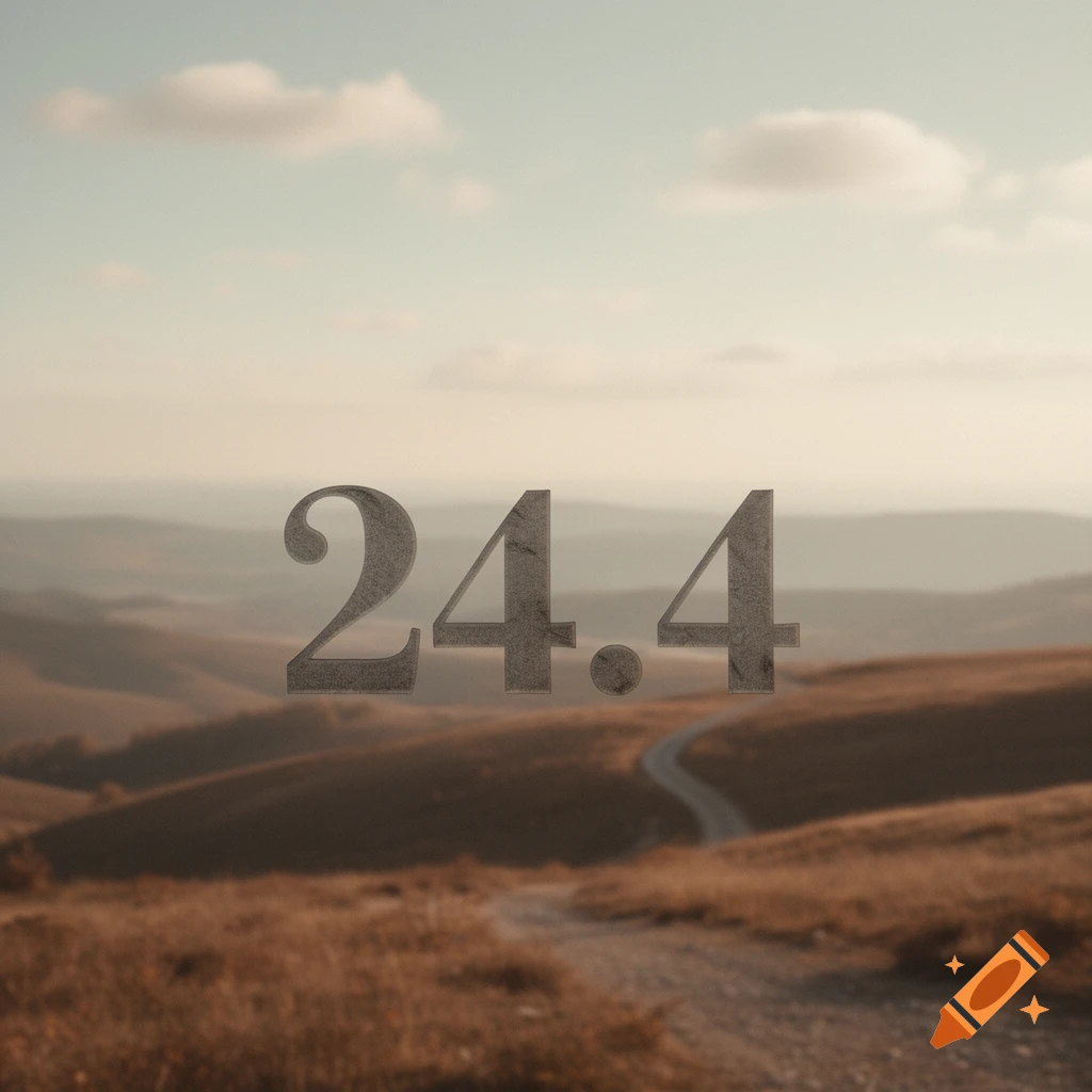 Hazy autumnal landscape with rolling hills and a winding path, featuring large stone-textured numbers '24.4' in the center.