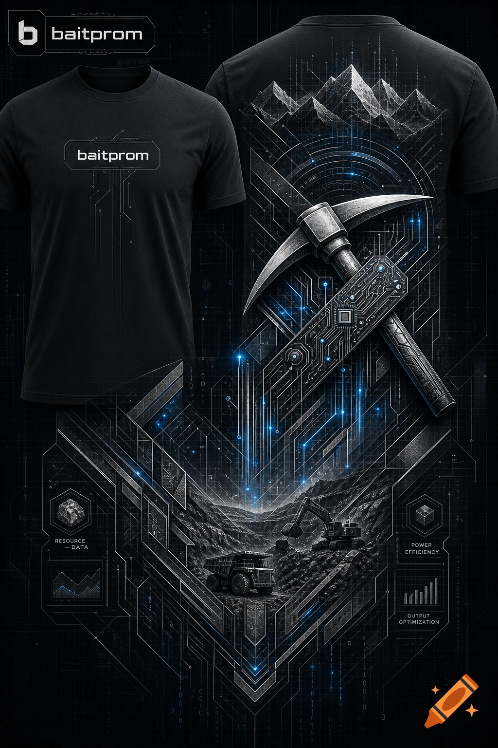 Black t-shirt with 'baitprom' logo on chest over a dark, futuristic crypto mining design with mountains, circuits, and glowing lines.