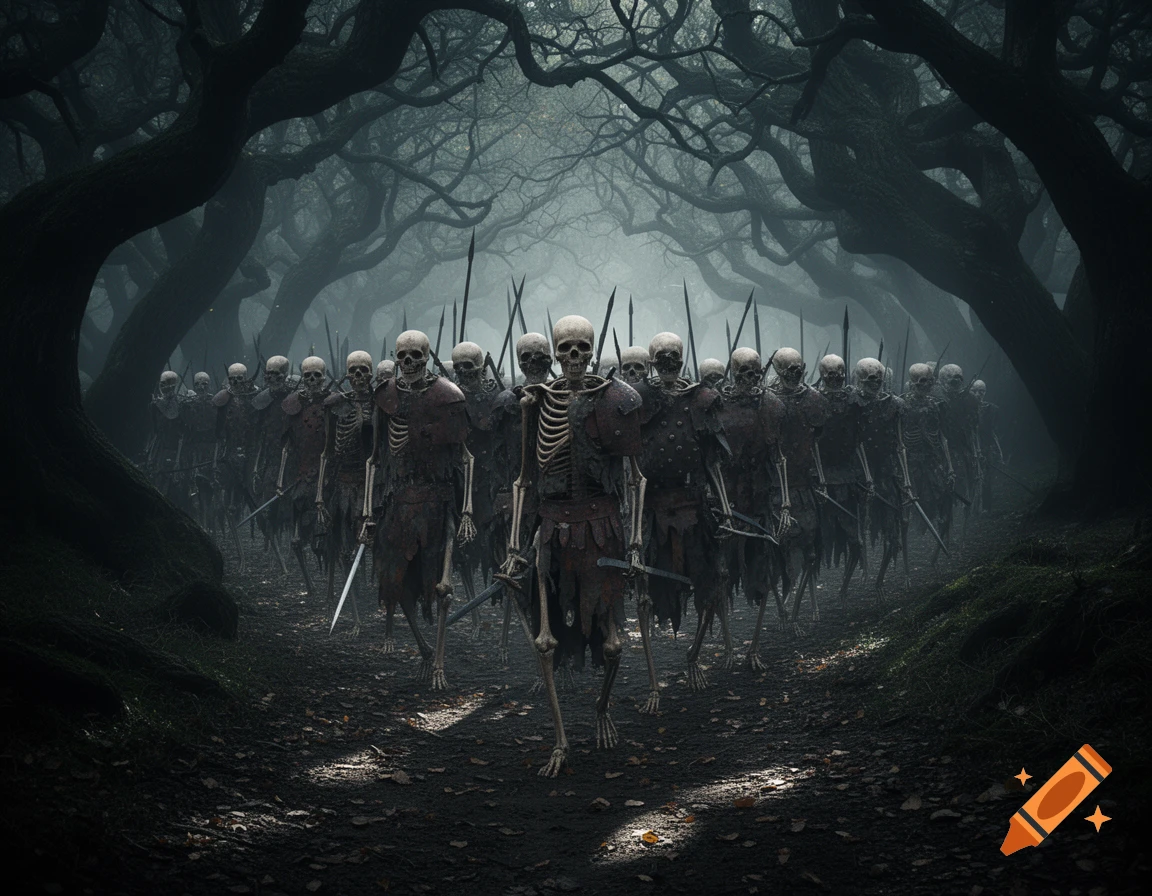 An army of skeletal warriors, clad in tattered armor and wielding swords and spears, marches through a dark, misty forest path under gnarled trees.