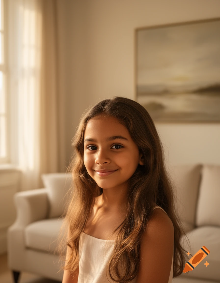 A young girl with tan skin and long brown hair smiles at the camera, bathed in warm indoor light, with a blurred living room background.