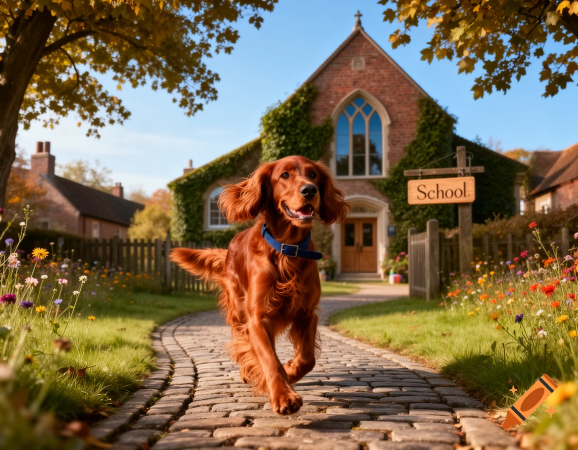 A cheerful Irish red setter dog runs on a cobblestone path towards a charming brick school building on a sunny day.