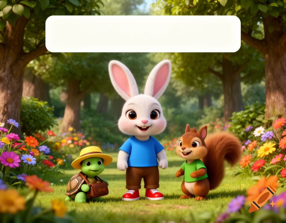 A happy white cartoon rabbit, green turtle, and brown squirrel stand in a sunny 3D forest filled with colorful flowers.