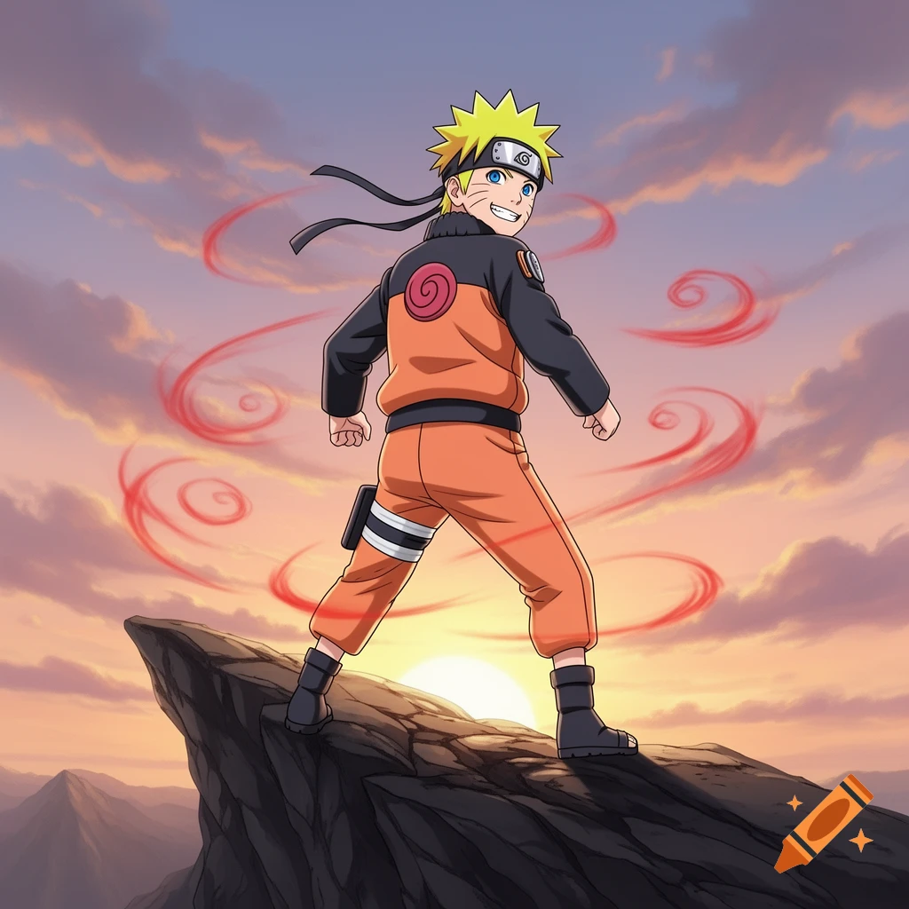 Naruto stands on a cliff at sunset, looking over his shoulder, with red energy swirling behind him in an anime style.
