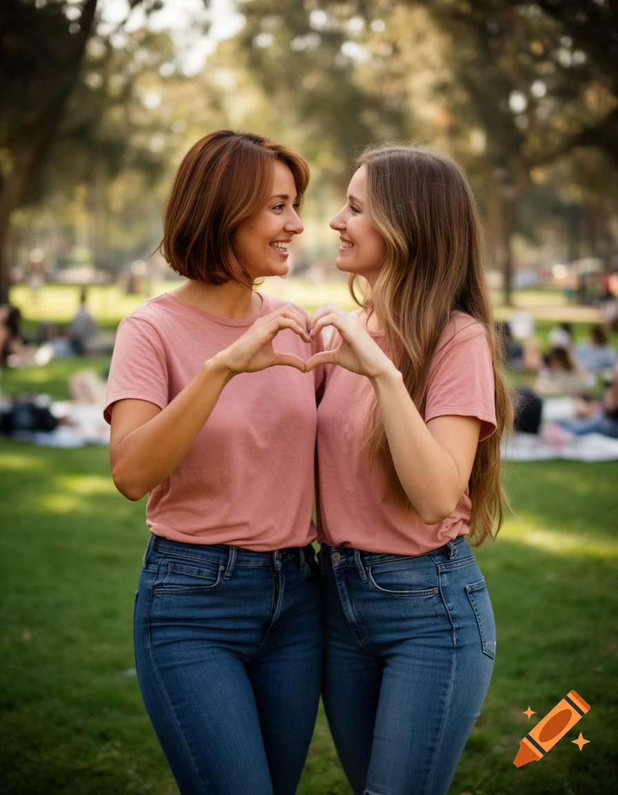 Two smiling women, one with short brown hair and one with long brown hair, stand in a park and form a heart shape with their hands.