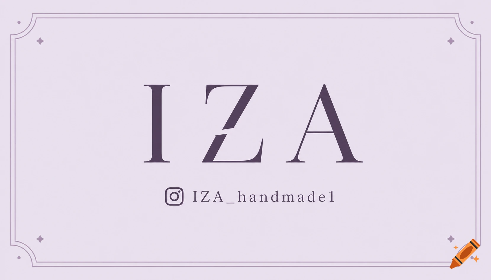 A light purple business card with the name 'IZA' in dark purple, featuring a split 'Z'. Below it, an Instagram icon and 'IZA_handmade1'.