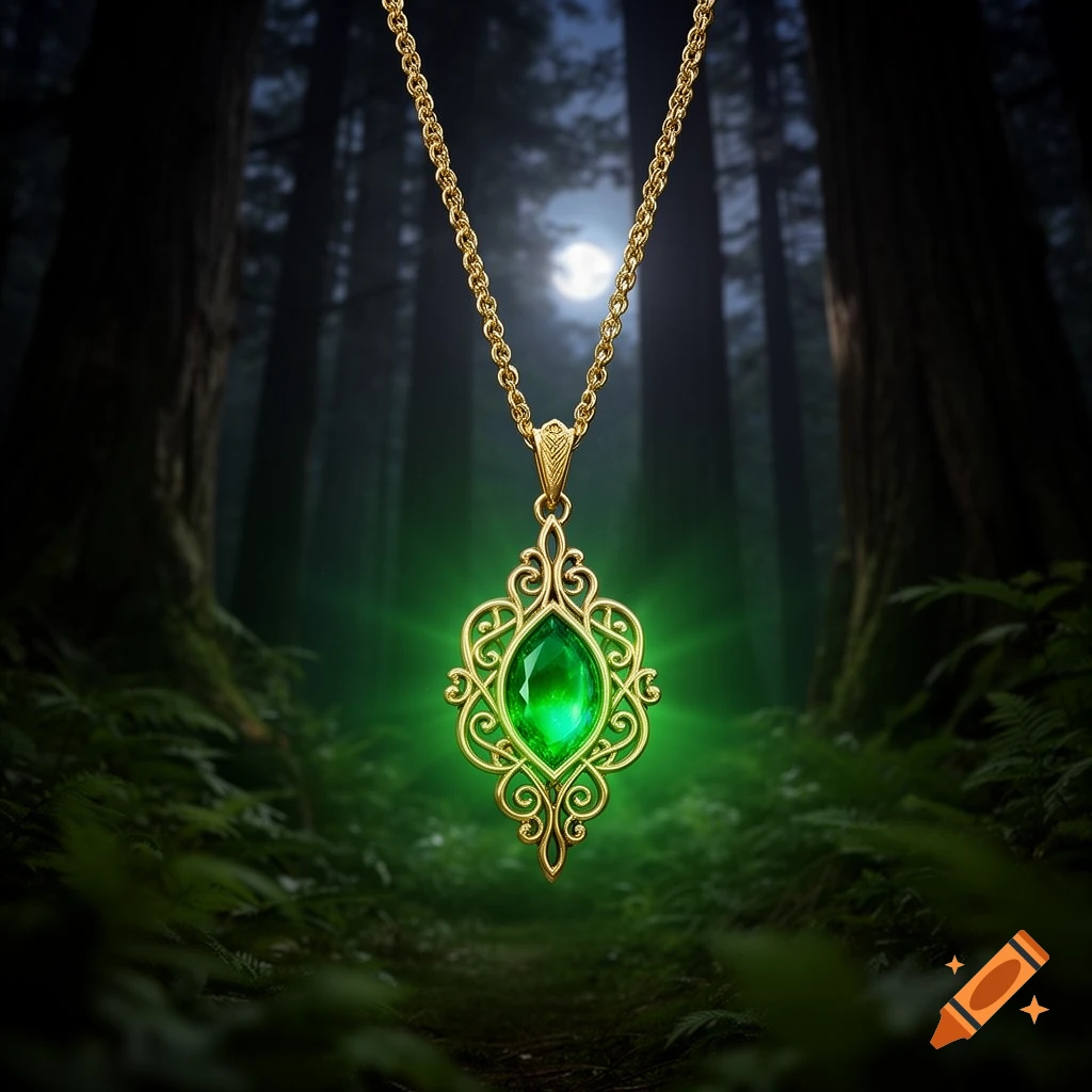 A glowing green emerald pendant with an intricate gold chain hangs in a dark, moonlit forest.