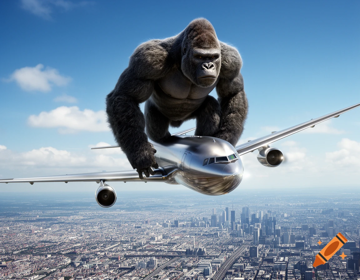 A giant photorealistic gorilla crouches on top of a silver passenger airplane flying high over a sprawling city on a clear day.