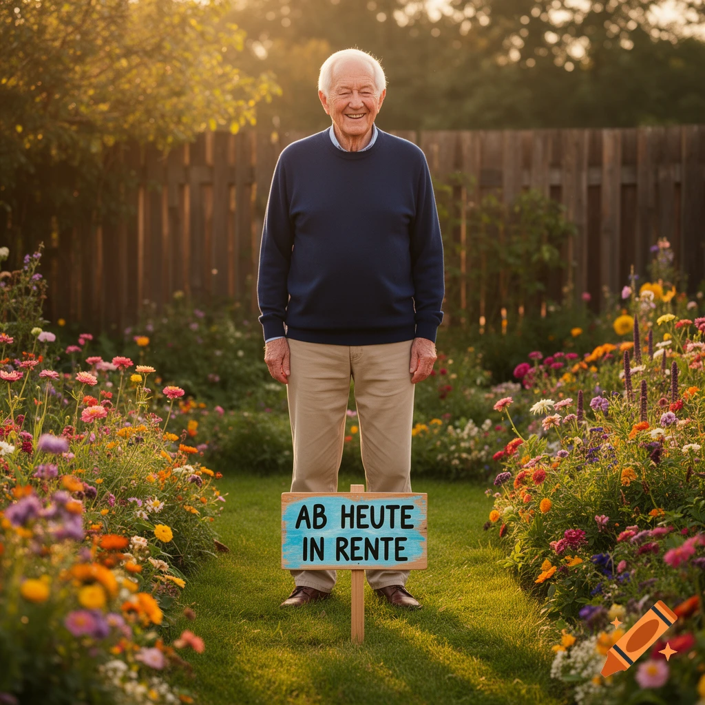 A smiling elderly man stands in a vibrant garden next to a sign reading 'AB HEUTE IN RENTE', signifying retirement.