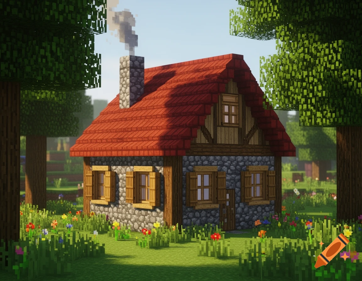A blocky Minecraft-style medieval house with a red roof and stone walls, surrounded by trees and colorful flowers under a bright sky.