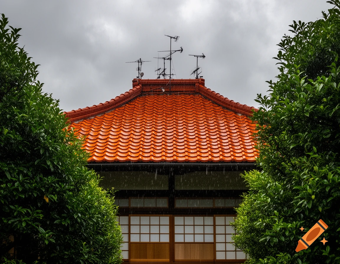 A traditional Japanese building with a burnt-orange tiled roof under a cloudy, rainy sky, framed by green trees.