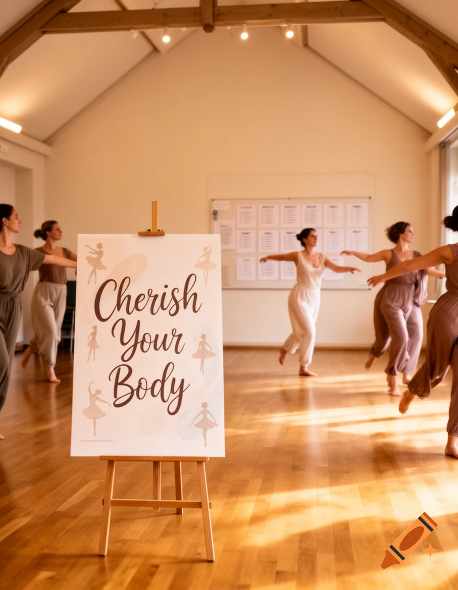 Women in loose clothing dance gracefully in a sunlit studio, with an easel holding a sign that reads "Cherish Your Body" in the foreground.