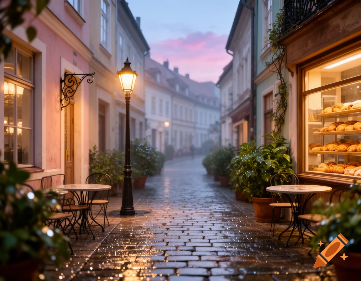 A charming, rainy European street scene at dusk, with a warm-lit bakery on the right, cafes with outdoor seating, and a glowing street lamp.