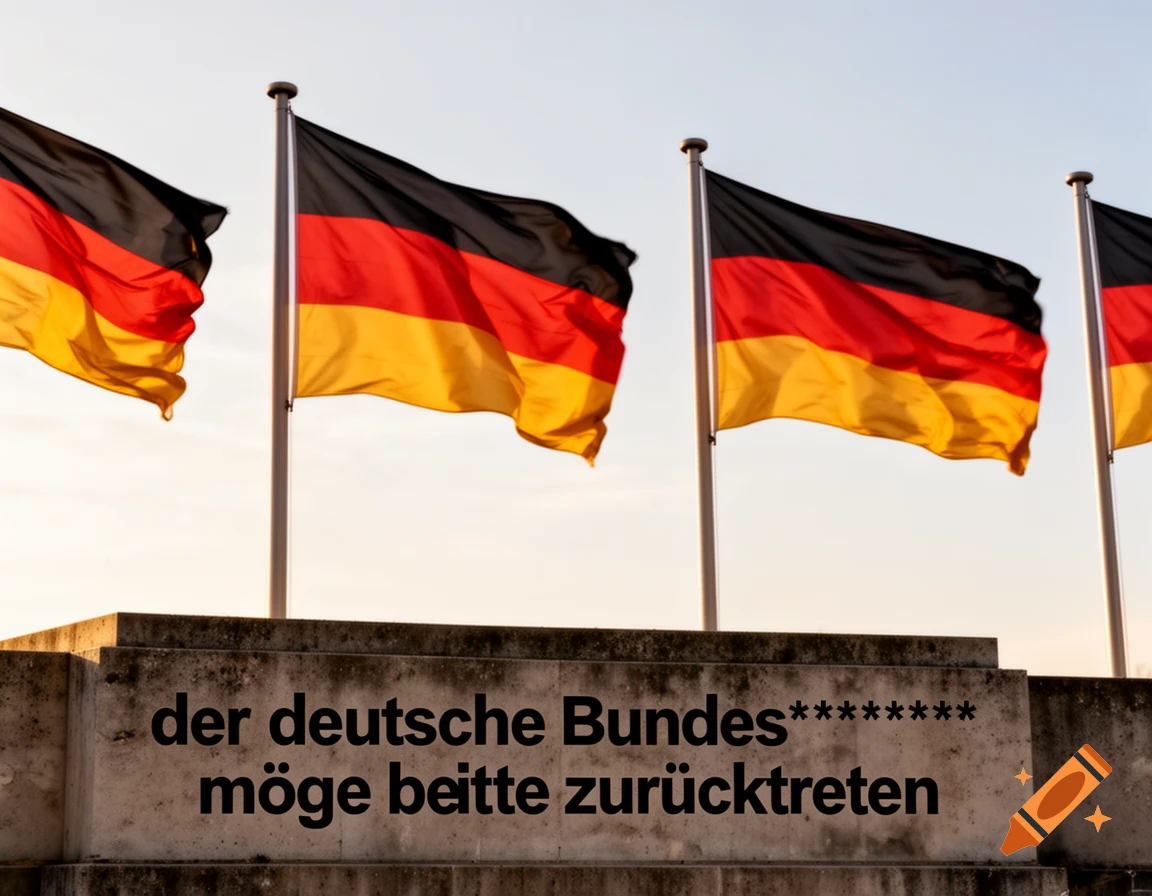 Photorealistic image of several German flags flying above a concrete structure with political text.