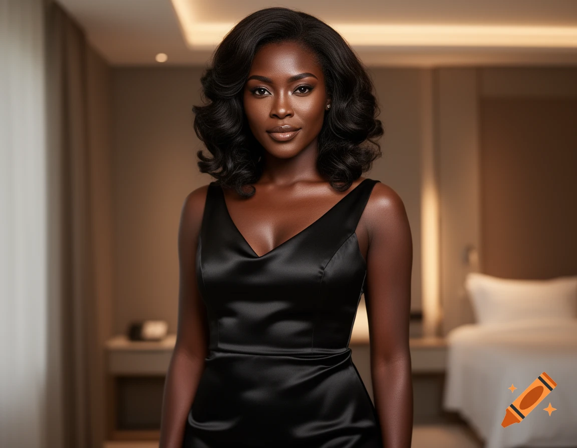 Photorealistic portrait of a woman with dark skin and dark hair in a black v-neck dress, standing in a modern hotel room.